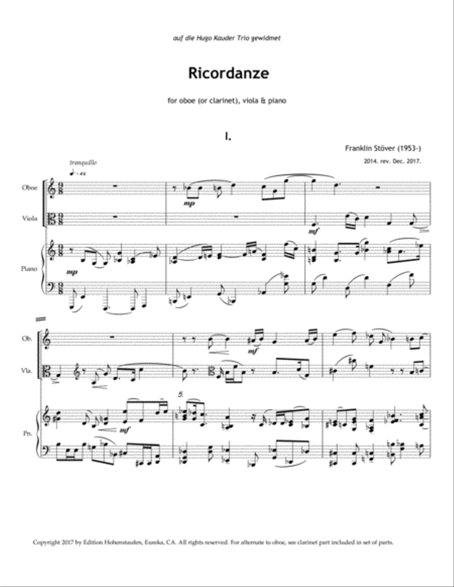Ricordanze, for oboe (or clarinet), viola and piano Small Ensemble scores gallery preview page 3