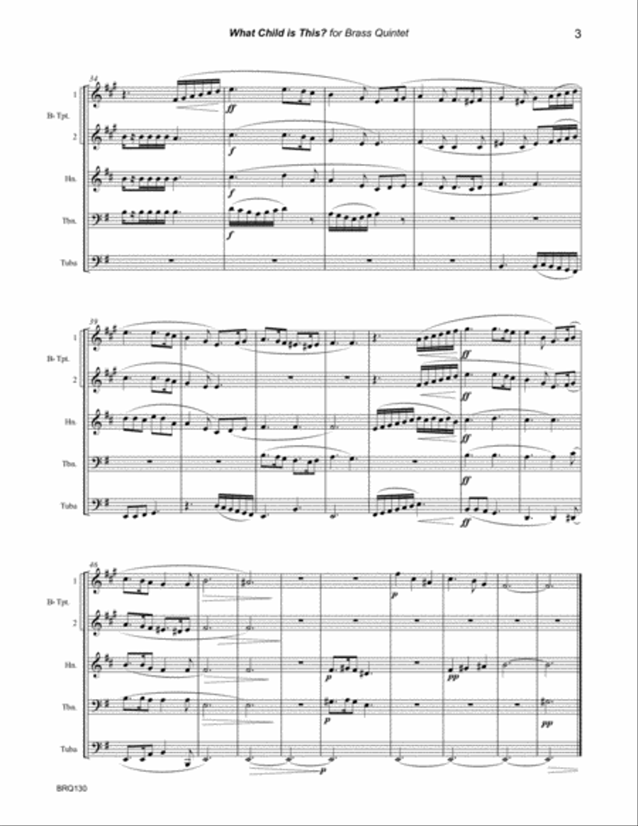 WHAT CHILD IS THIS (Greensleeves) arranged for BRASS QUINTET with optional Percussion Brass Ensemble scores gallery preview page 3