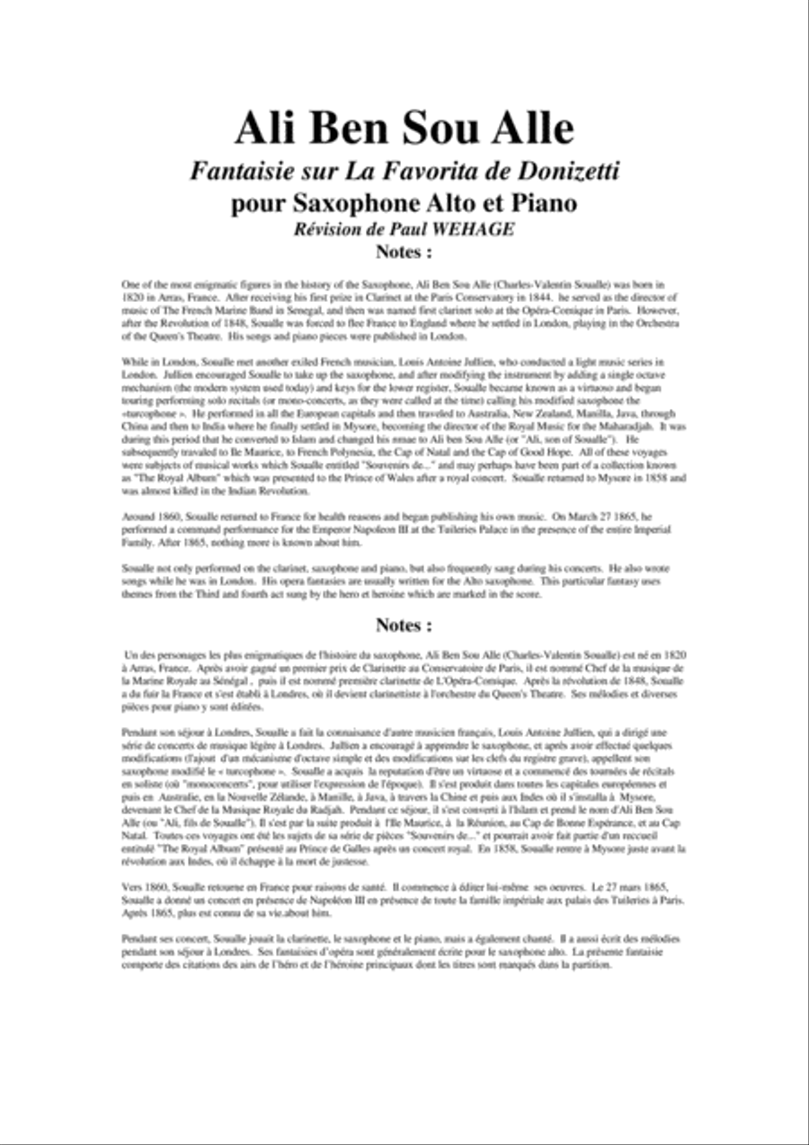 Ali Ben Sou Alle: Fantaisie sur La Favorita de Donizetti for alto saxophone and piano Alto Saxophone scores gallery preview page 1