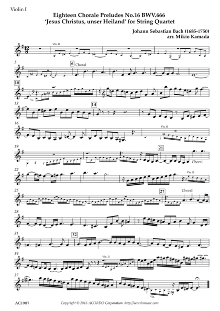 Eighteen Chorale Preludes No.16 BWV.666 ‘Jesus Christus, unser Heiland’ for String Quartet String Quartet scores gallery preview page 4