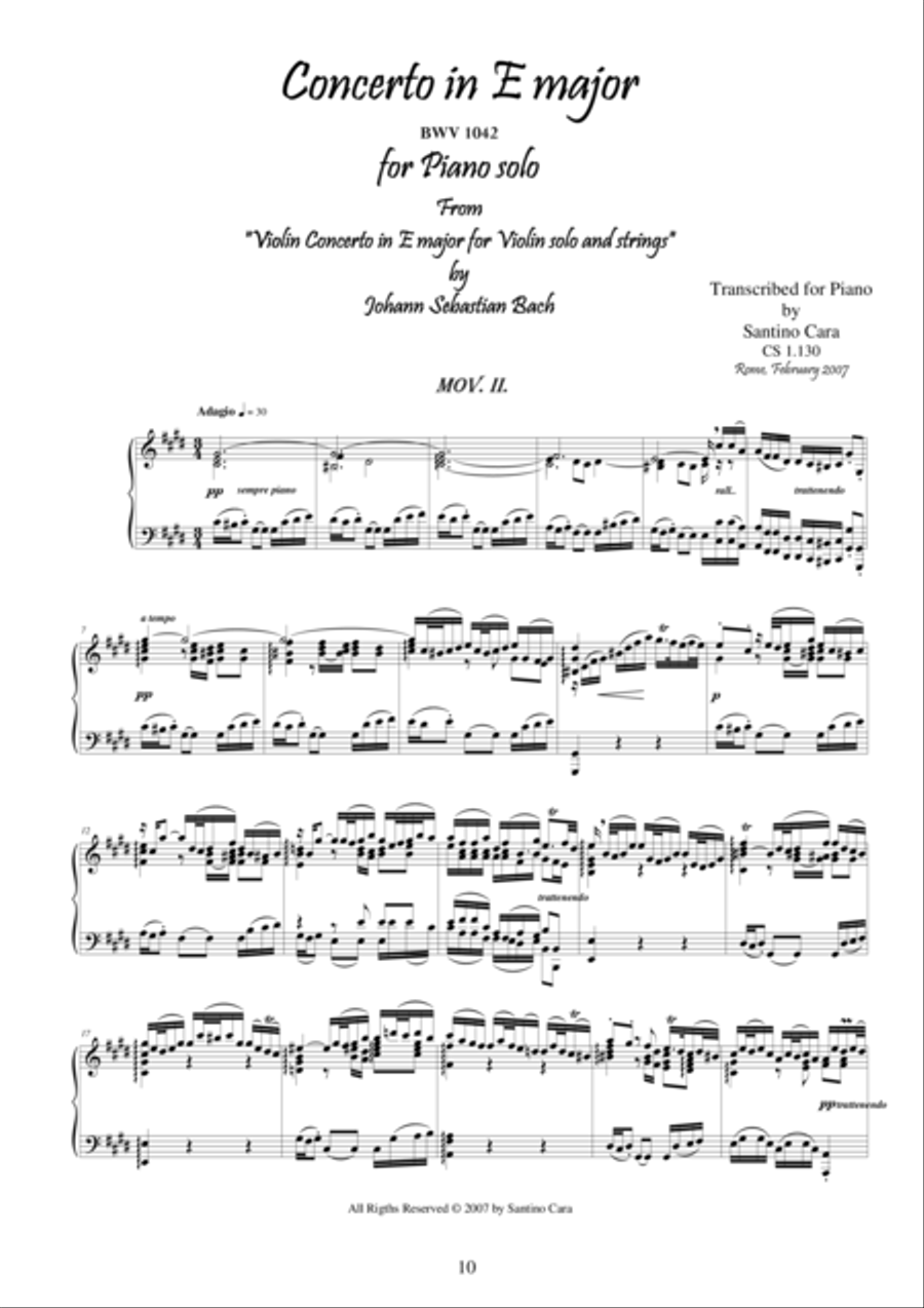 J.S.Bach - Violin Concerto in E major BWV 1042 - Piano solo - 2° mov. Adagio Piano Solo scores gallery preview page 1