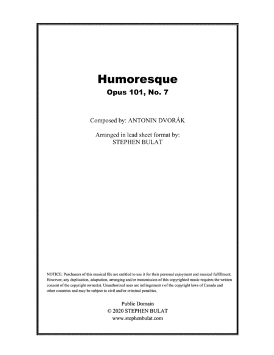 Humoresque (Dvorak) - Lead sheet (key of A) Piano, Vocal, Guitar scores gallery preview page 1