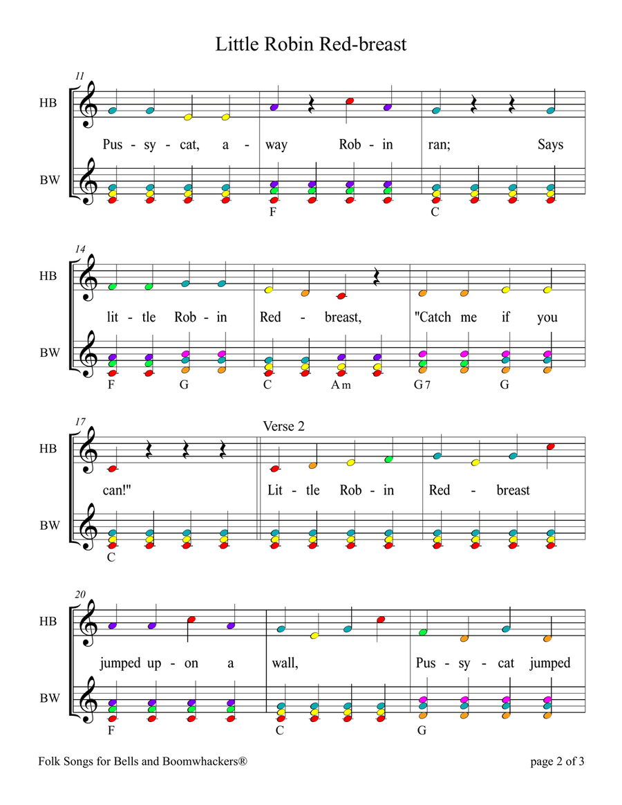 Little Robin Red-breast (for 13-note Bells and Boomwhackers with Color Coded Notes) Handbell Choir scores gallery preview page 6