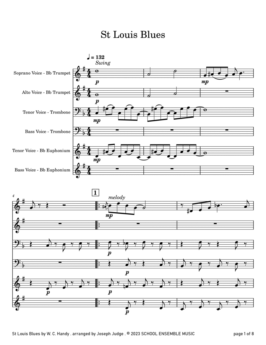 St Louis Blues by Handy for Brass Quartet in Schools Brass Quartet scores gallery preview page 1