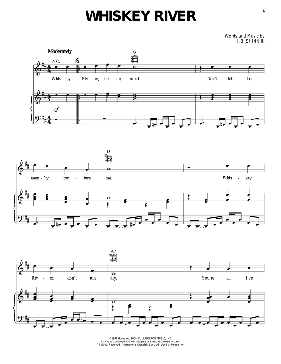 Whiskey River Piano, Vocal, Guitar scores gallery preview page 1