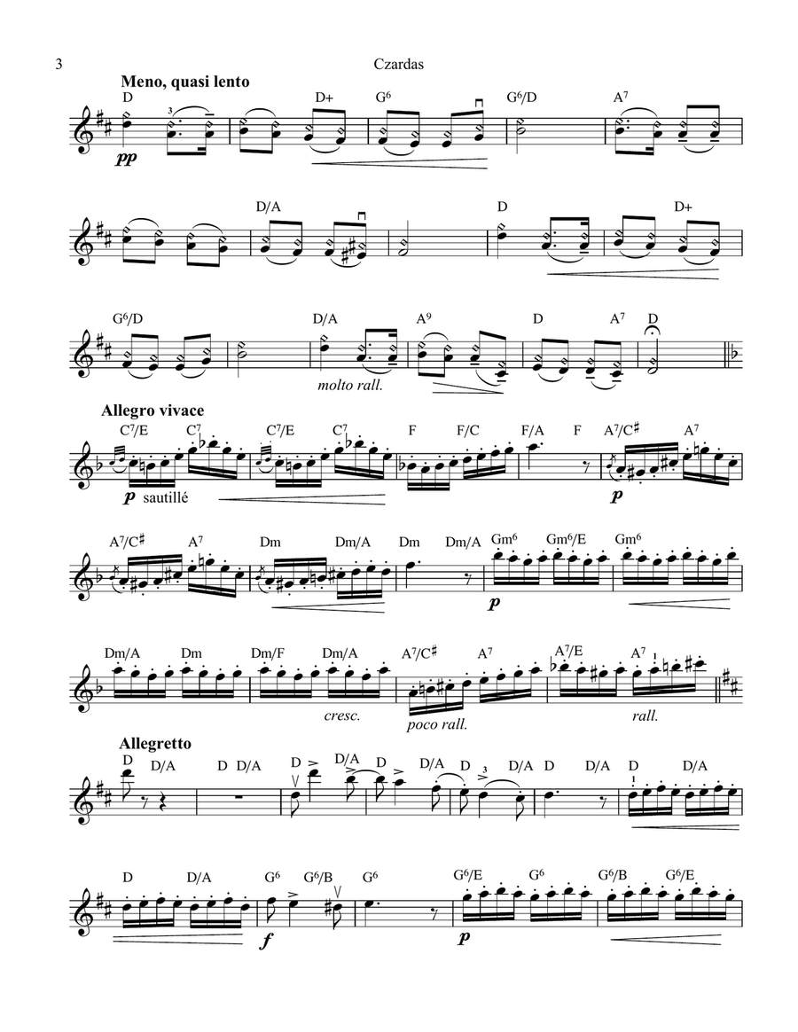 Czardas for violin with guitar chords (lead sheet) Violin scores gallery preview page 3