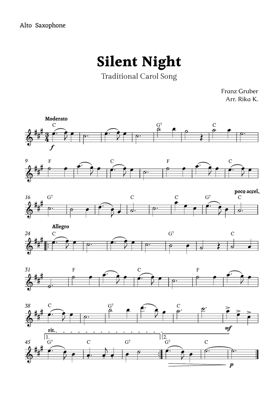 Silent Night for Alto Sax Solo Alto Saxophone scores gallery preview page 1