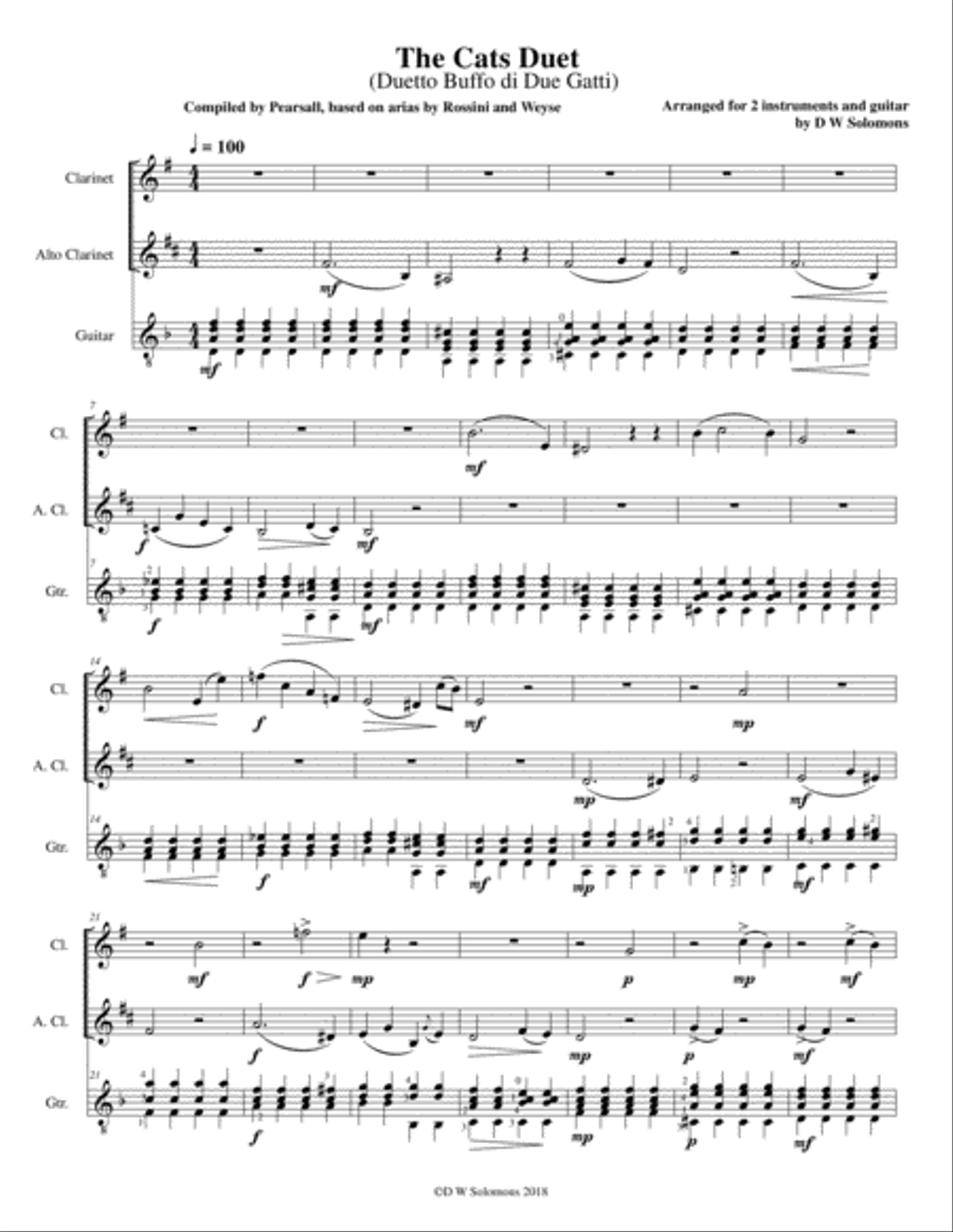 The Cats Duet (Duetto Buffo di due gatti) for clarinet, alto clarinet and guitar E-Flat Clarinet scores gallery preview page 1