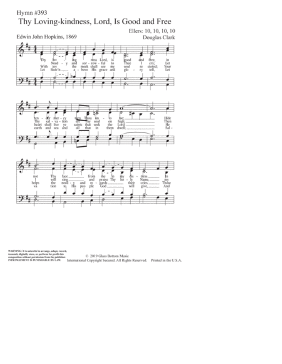 Hymn #393 - Thy Lovingkindness, Lord, Is Good and Free 4-Part scores gallery preview page 1