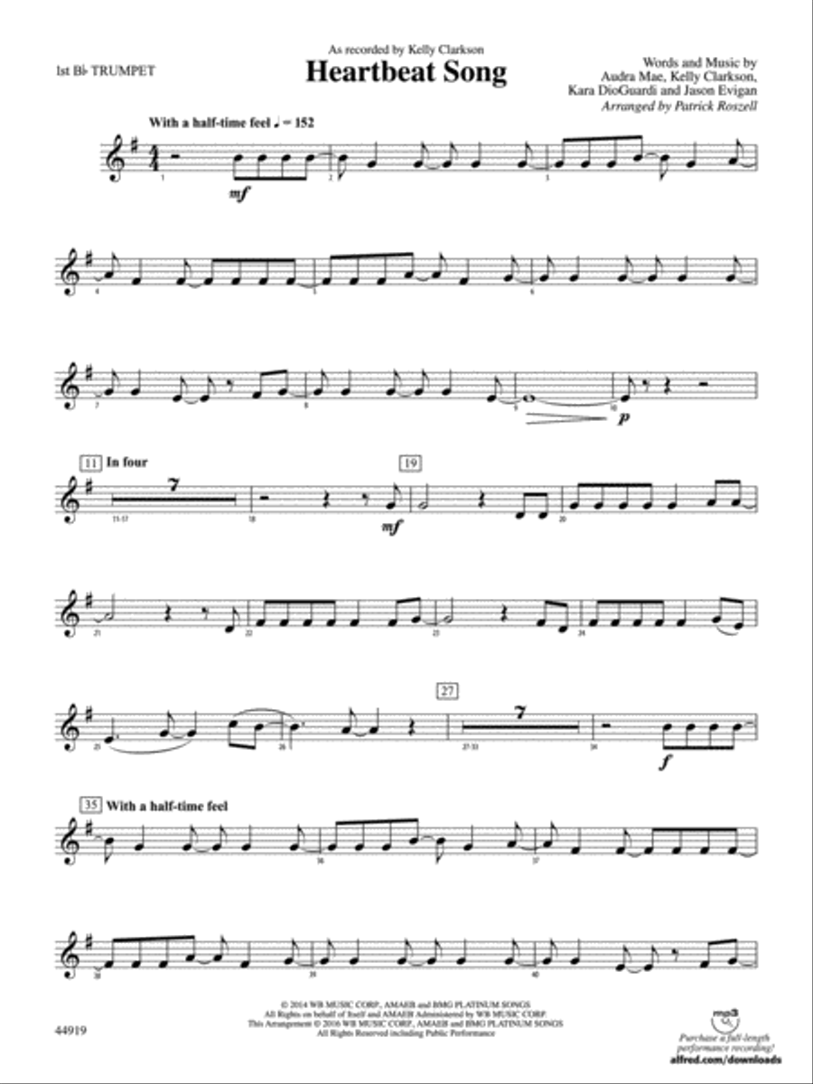Heartbeat Song: 1st B-flat Trumpet Concert Band scores gallery preview page 1