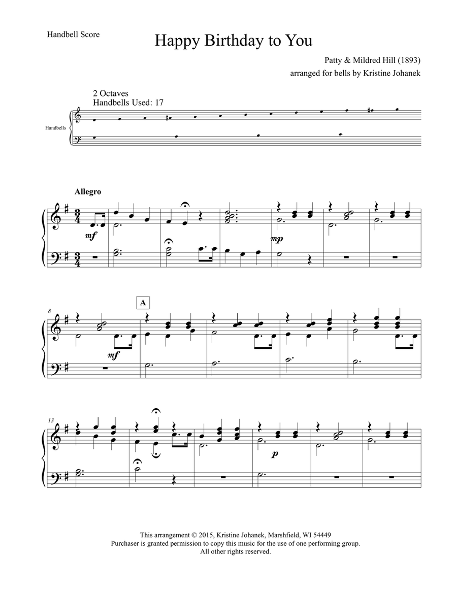 Happy Birthday to You (2 octave hand bells, tone chimes or hand chimes) Reproducible 2-Octaves scores gallery preview page 2