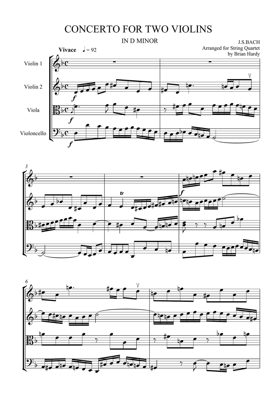 Bach 'Double' Violin Concerto - Vivace String Quartet scores gallery preview page 1