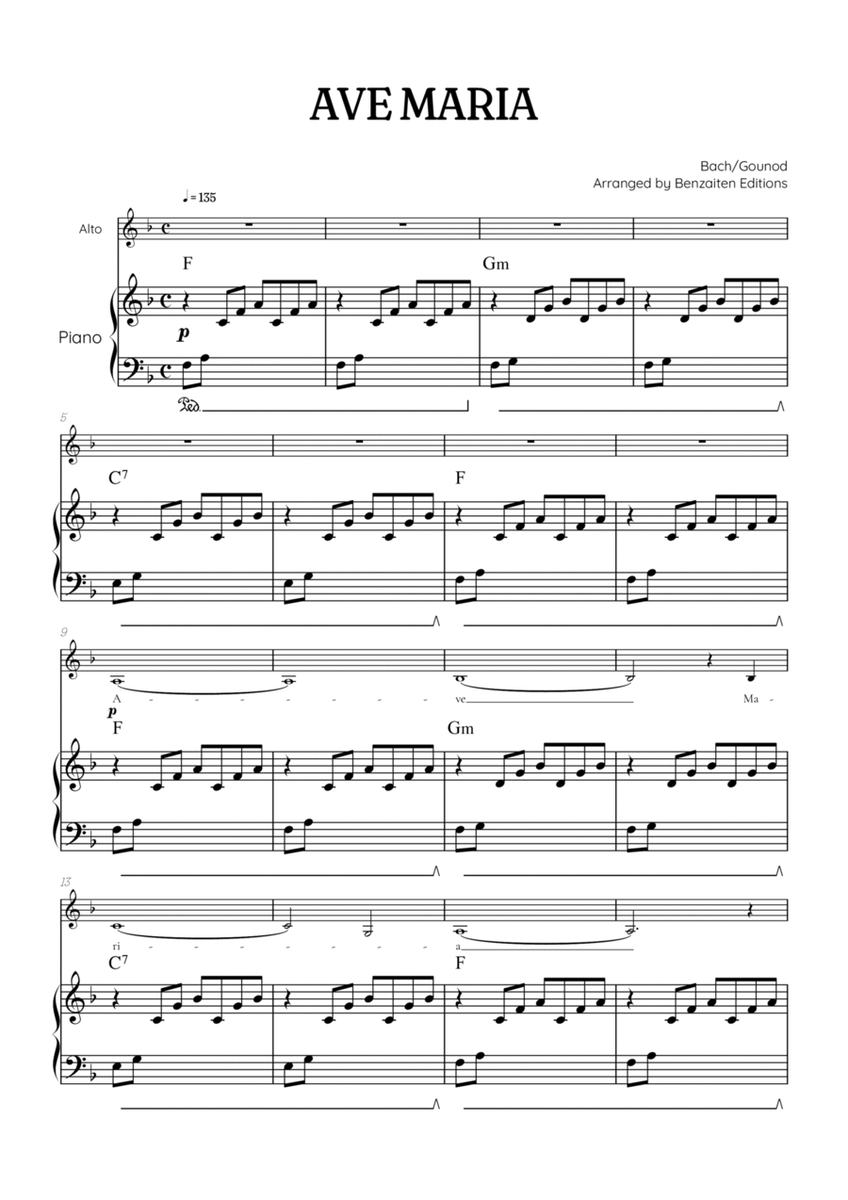 Bach / Gounod Ave Maria in F major • contralto sheet music with piano accompaniment and chords image number null