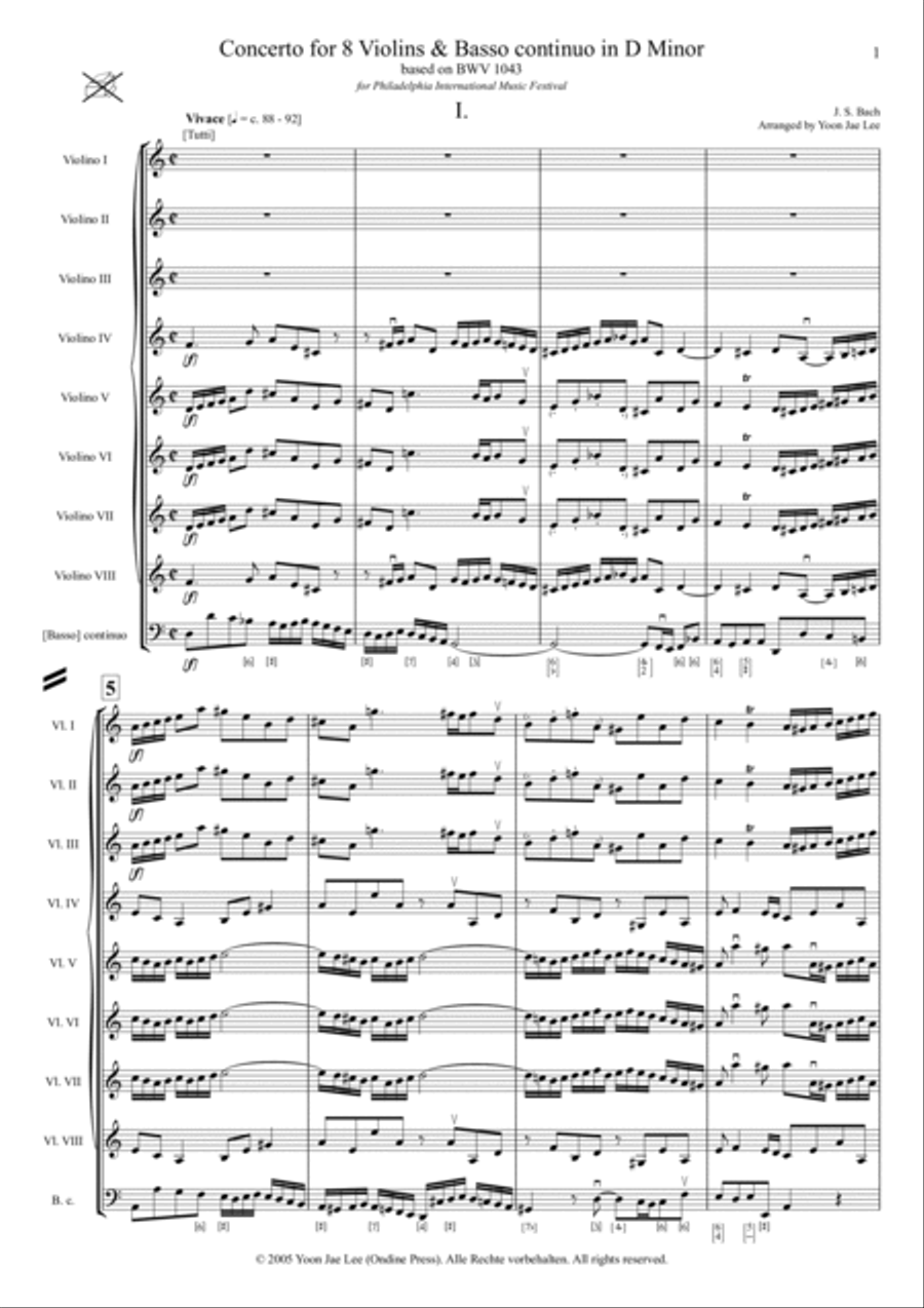 Bach (arr. Lee): Concerto for 8 Violins & Basso Continuo in D Minor, BWV 1043 - Score Only