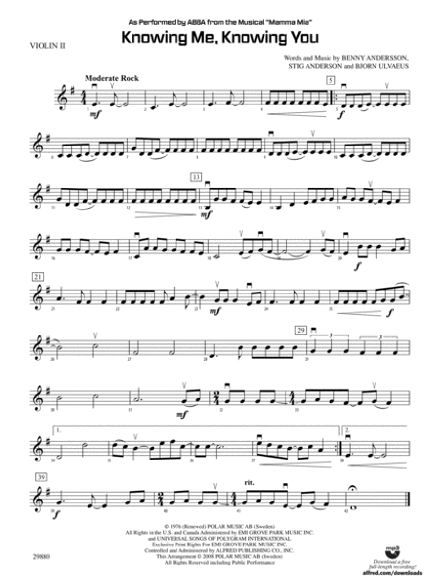 Knowing Me, Knowing You (As performed by ABBA from the musical Mamma Mia): 2nd Violin String Orchestra scores gallery preview page 1