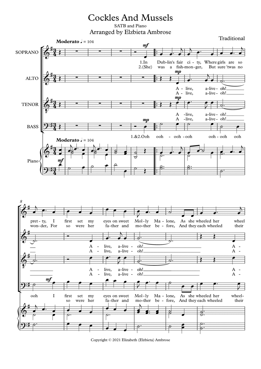 Cockles and Mussels, SATB plus piano 4-Part scores gallery preview page 1