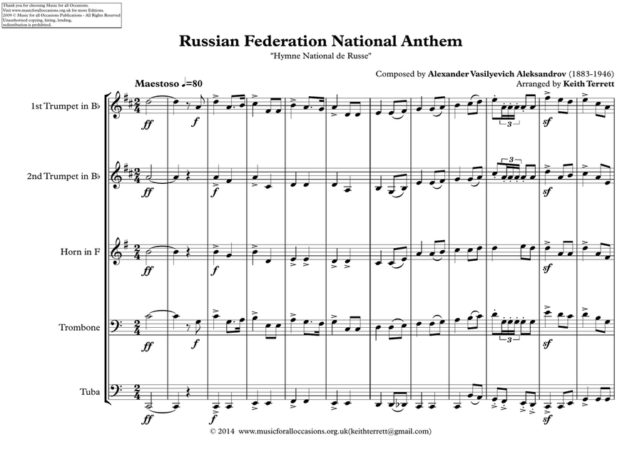 Russian Federation National Anthem ''Hymne National de Russe'' for Brass Quintet Brass Quintet scores gallery preview page 2