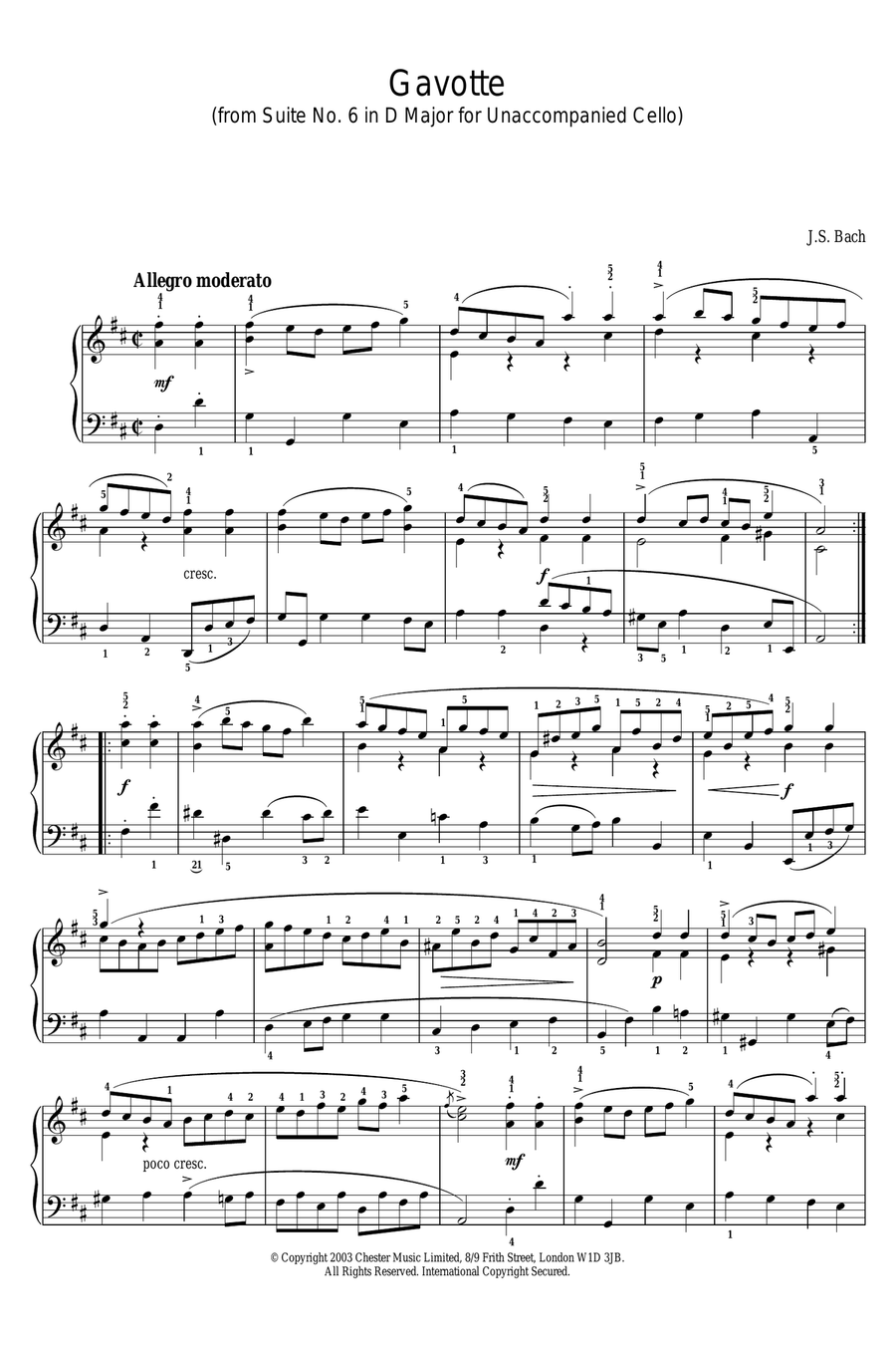 Gavotte (from Suite No. 6 in D Major for Unaccompanied Cello) Cello scores gallery preview page 1