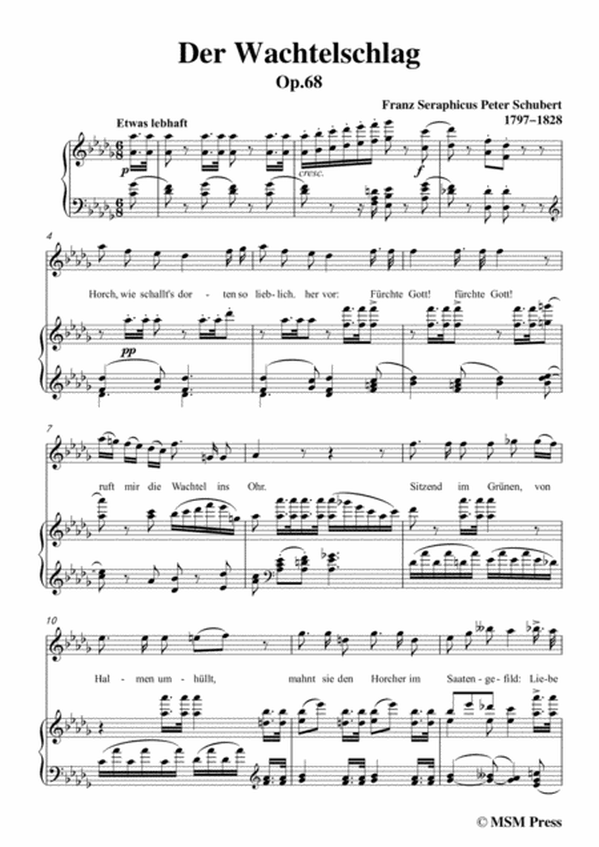 Schubert-Der Wachtelschlag,Op.68,in D flat Major,for Voice&Piano image number null