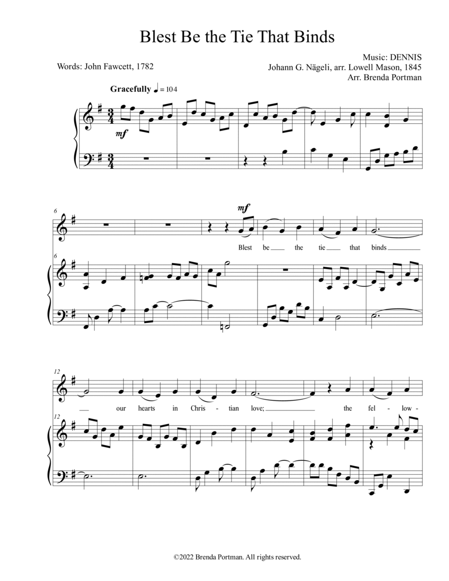 Blest Be the Tie That Binds (voice/piano), arr. Brenda Portman High Voice scores gallery preview page 1