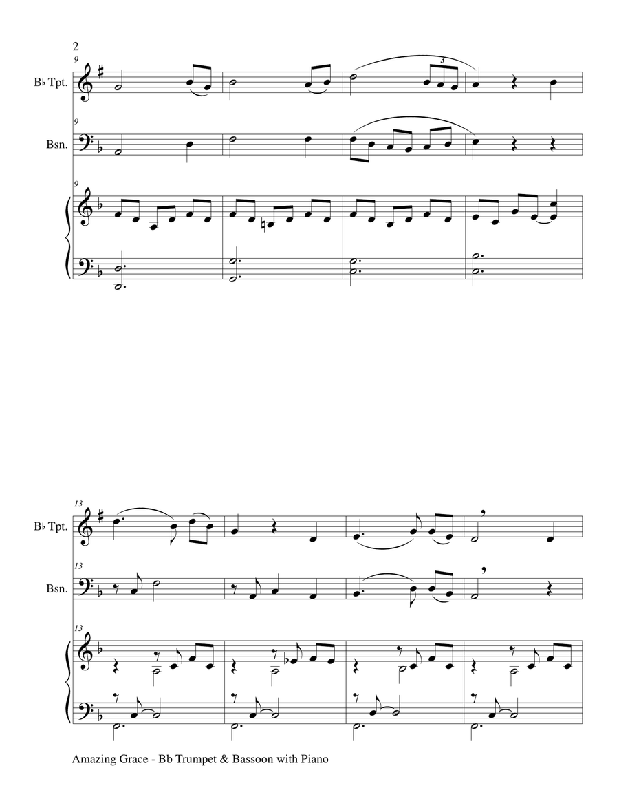 AMAZING GRACE (Bb Trumpet & Bassoon with Piano - Score & Parts included) Bassoon scores gallery preview page 3