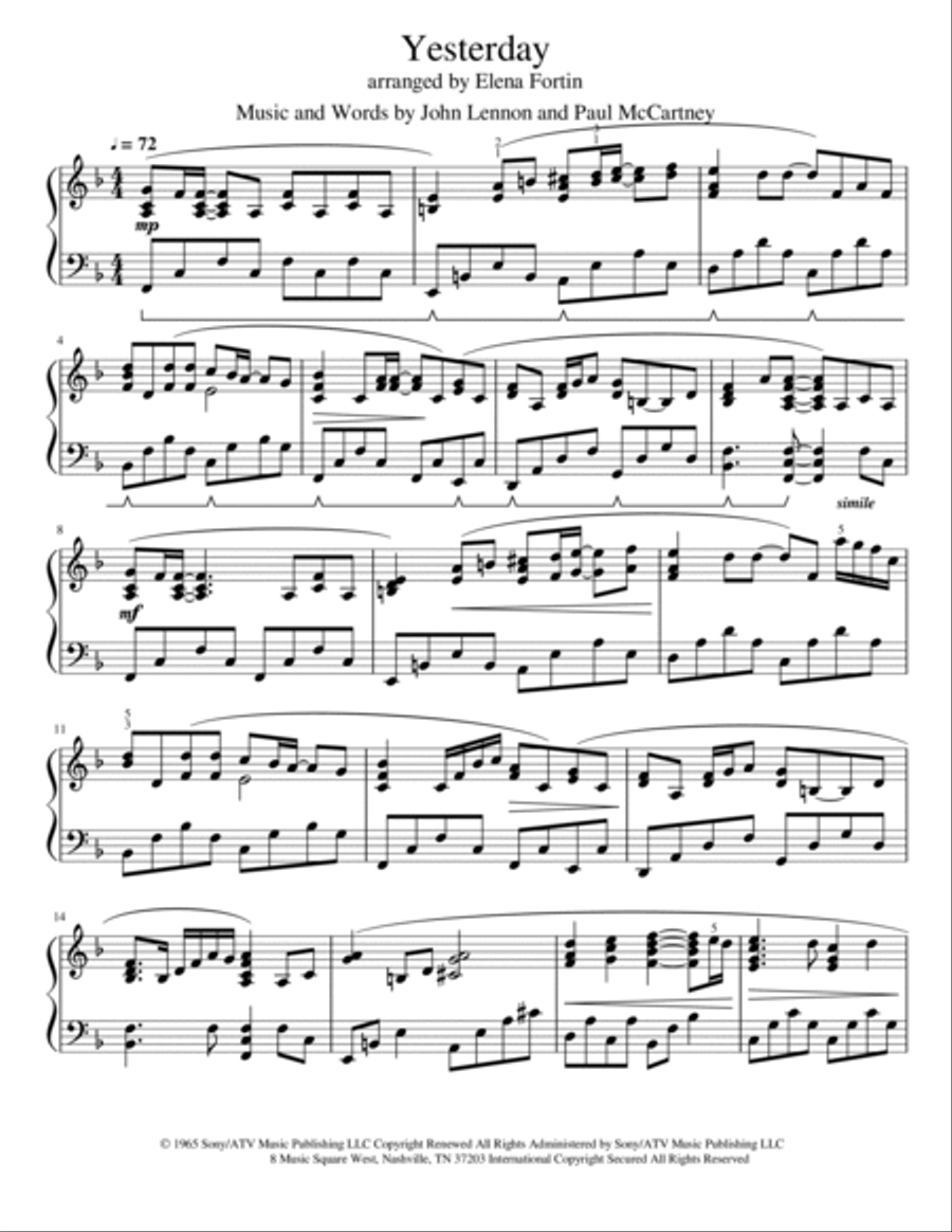 Yesterday Piano Solo scores gallery preview page 2