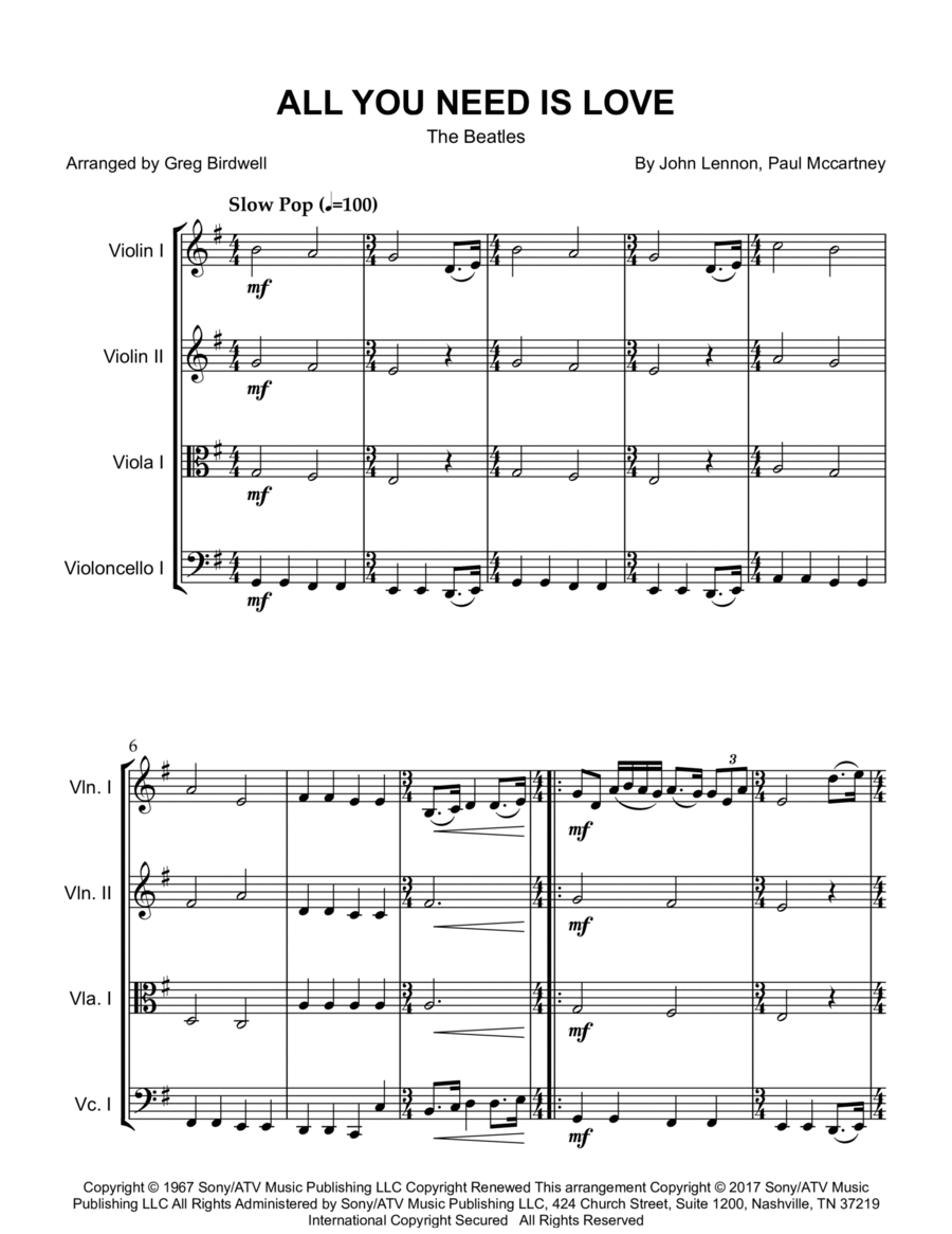 All You Need Is Love String Quartet scores gallery preview page 1