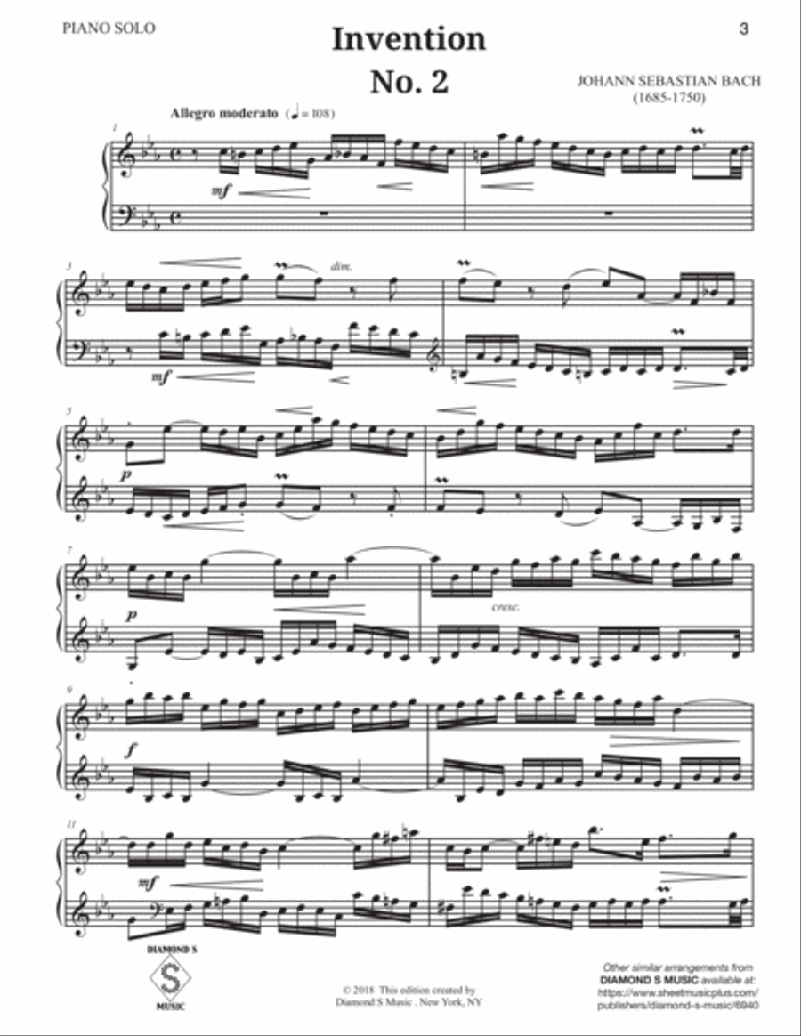 15 2-Part Inventions by J.S. BACH, BWV 772-786 for Solo Piano Piano Method scores gallery preview page 6