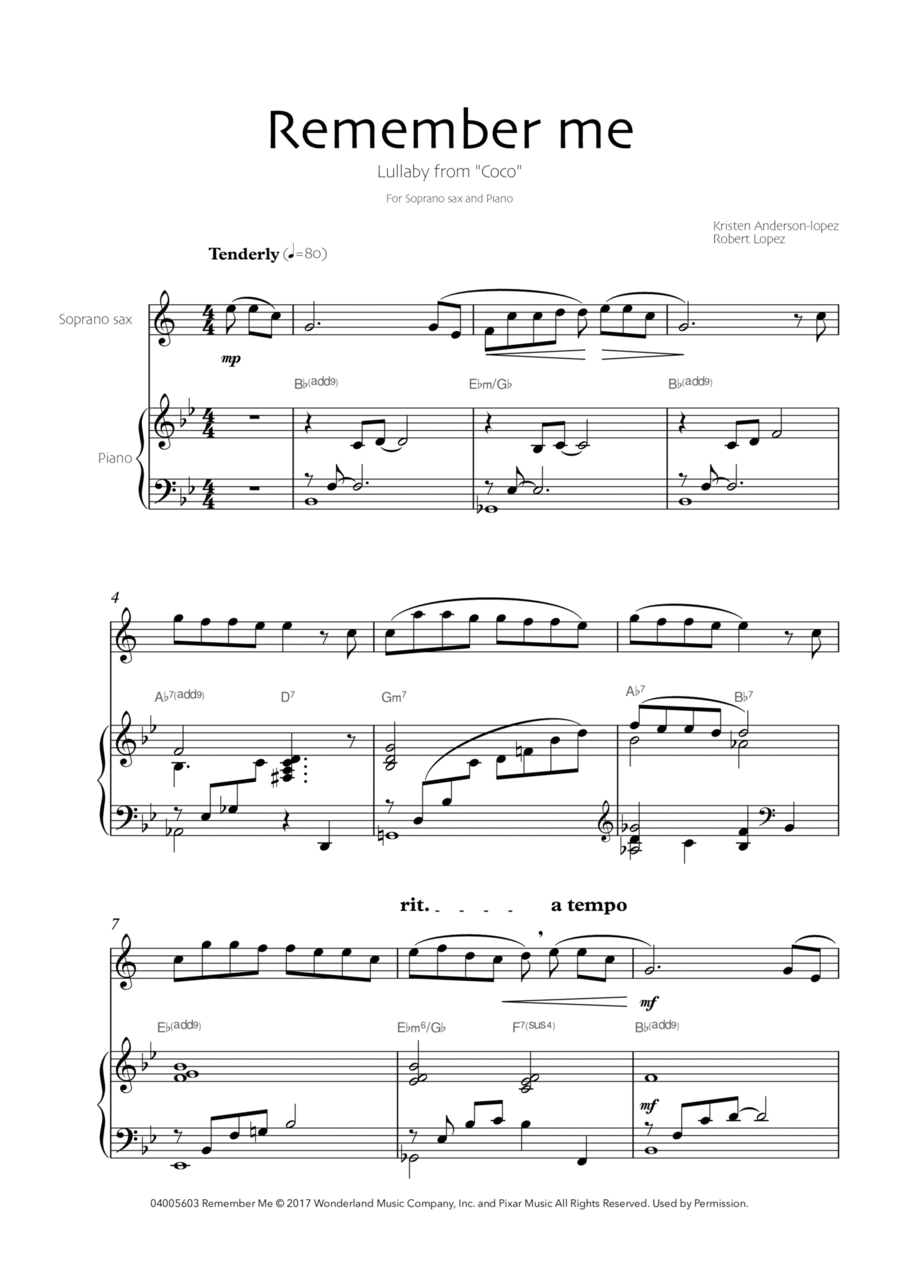 Remember Me (lullaby) Soprano Saxophone scores gallery preview page 1