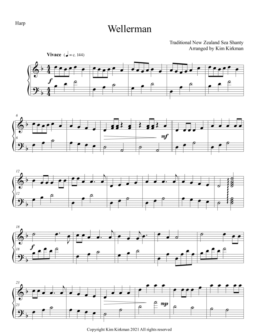 Wellerman - Sea Shanty - solo harp D minor (1 Bb lever) no changes Harp scores gallery preview page 1