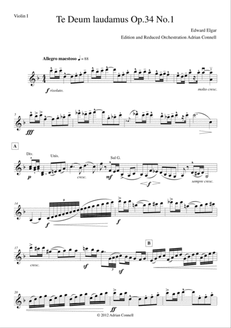 Elgar - Te Deum - Reduced Orchestration - Violin 1 Chamber Orchestra scores gallery preview page 1