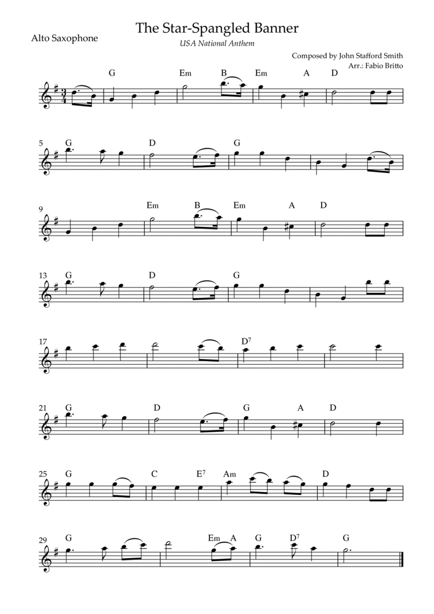The Star Spangled Banner (USA National Anthem) for Alto Saxophone Solo with Chords (Bb Major)