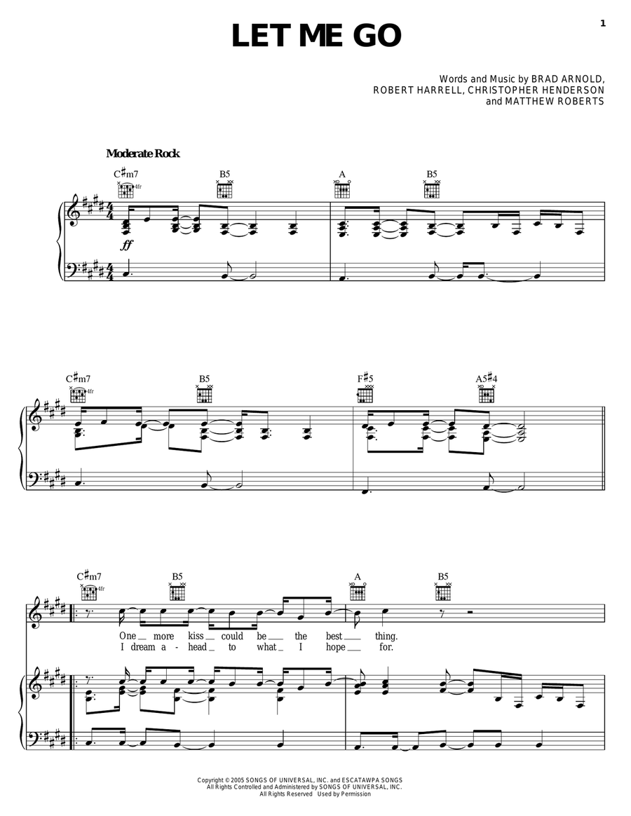 Let Me Go Piano, Vocal, Guitar scores gallery preview page 1