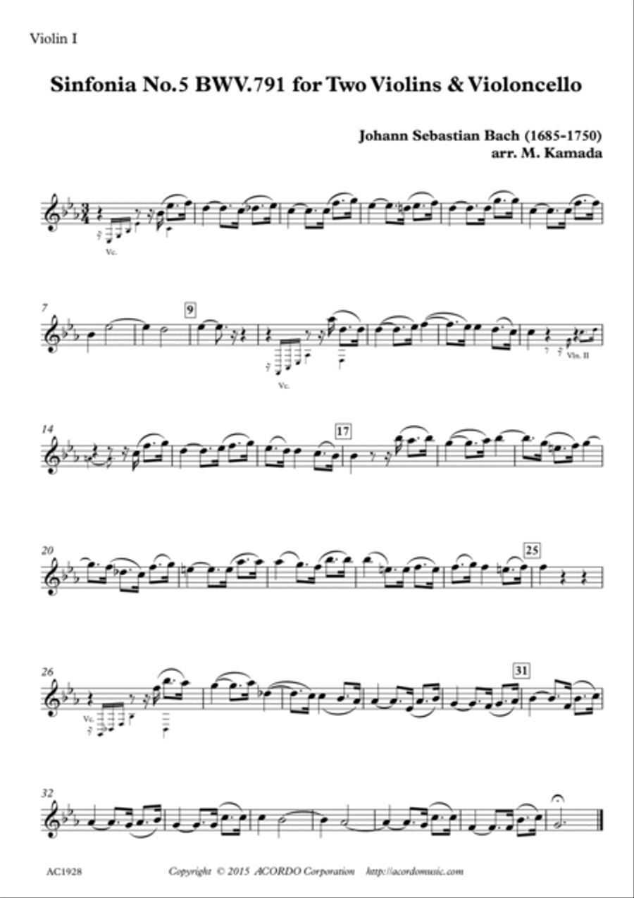 Sinfonia No.5 BWV.791 for Two Violins & Violoncello String Duet scores gallery preview page 3