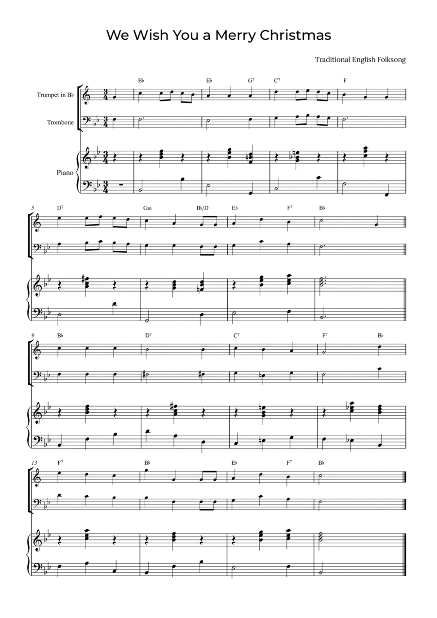 We Wish You a Merry Christmas - Trumpet and Trombone with piano and chords Brass Duet scores gallery preview page 1