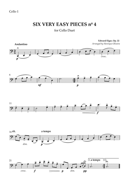 Six Very Easy Pieces nº 4 (Andantino) - Cello Duet image number null