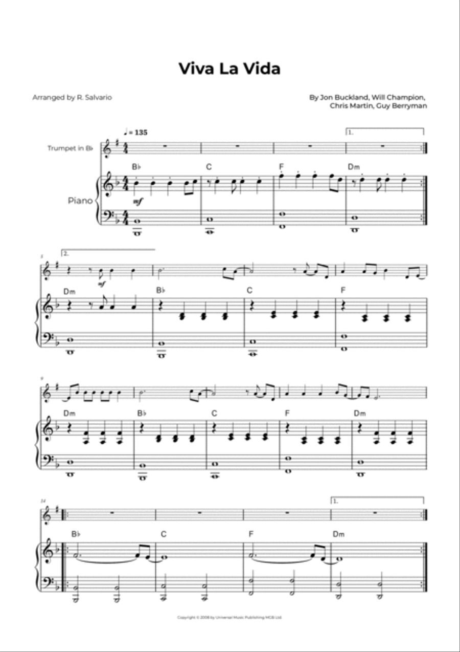 Viva La Vida B-Flat Trumpet scores gallery preview page 2