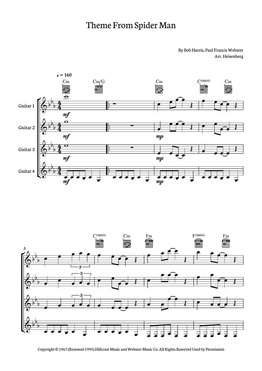 Theme From Spider Man Guitar Ensemble scores gallery preview page 1