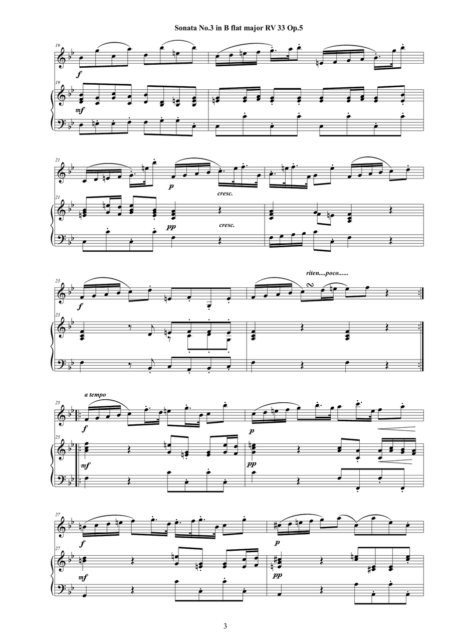 Vivaldi - Violin Sonata No. 3 in B flat major RV 33 Op.5 for Violin and Cembalo (or Piano) String Duet scores gallery preview page 3
