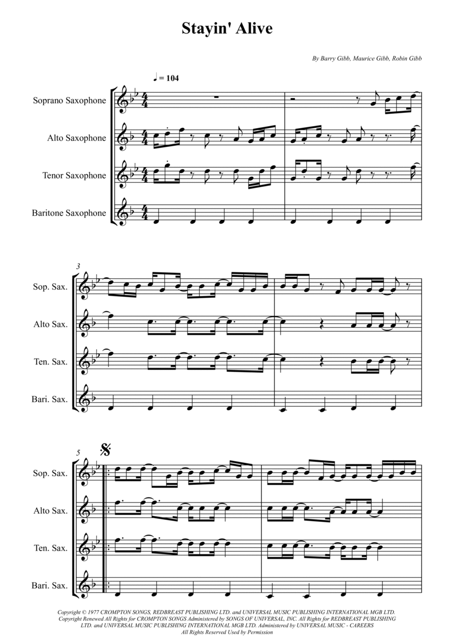 Stayin' Alive Saxophone Quartet scores gallery preview page 1