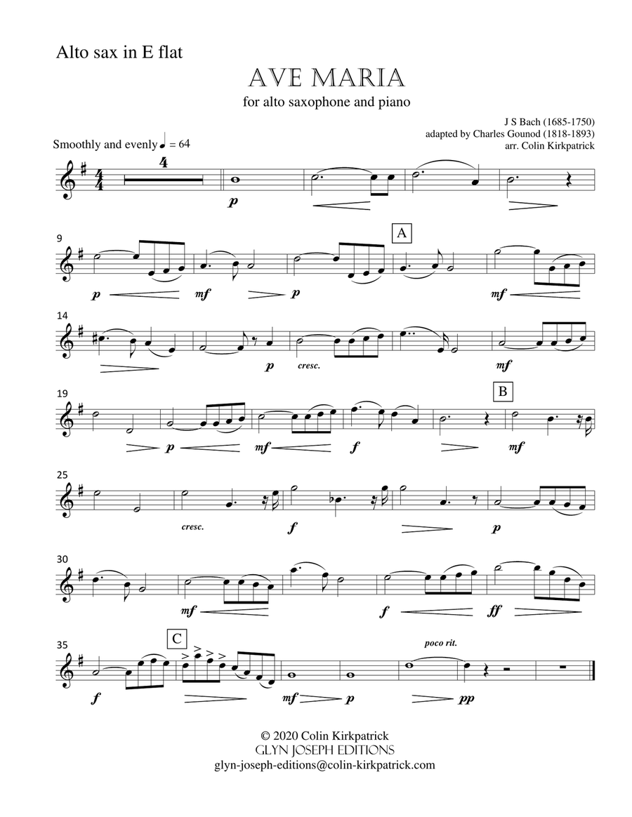 Bach-Gounod: Ave Maria for Alto Saxophone and Piano Alto Saxophone scores gallery preview page 2