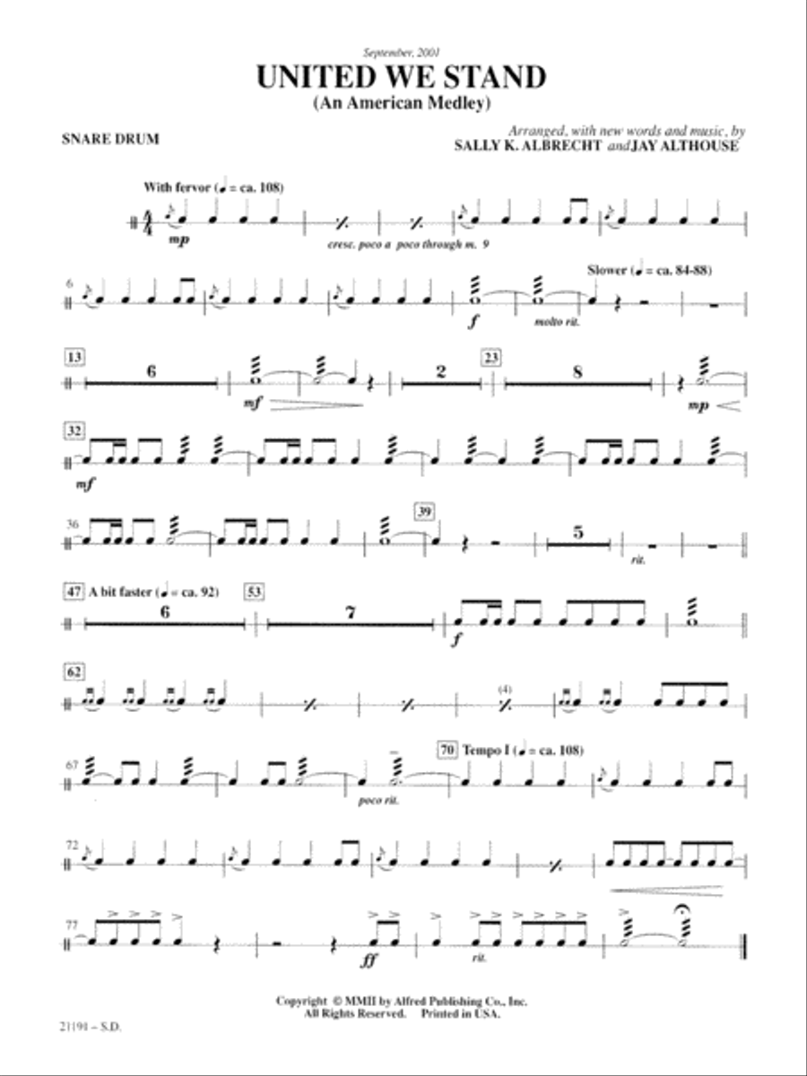 United We Stand (An American Medley): Snare Drum Percussion scores gallery preview page 1
