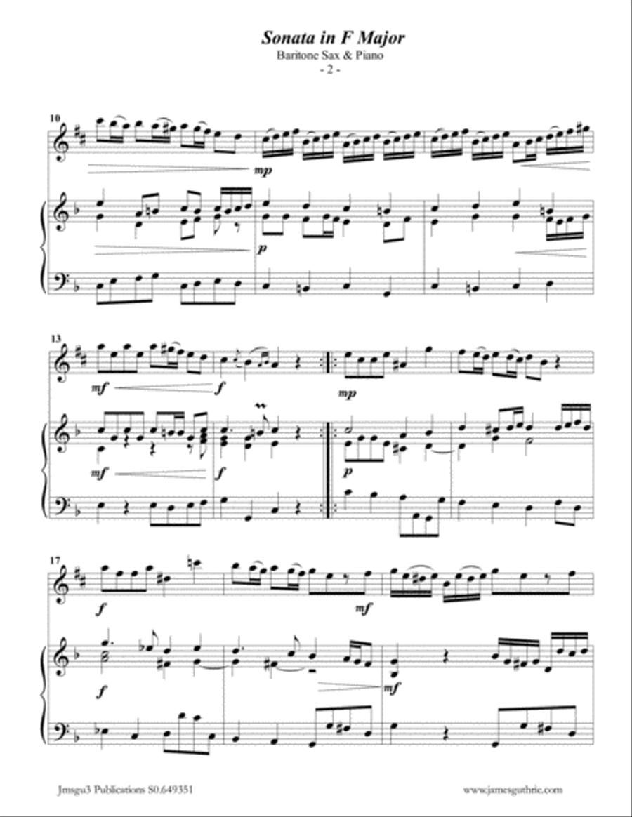 Telemann: Sonata in F Major for Baritone Sax & Piano Baritone Saxophone scores gallery preview page 2