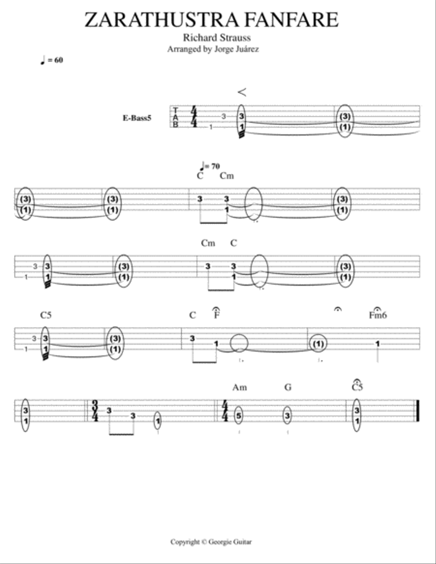 Zarathustra Fanfare - Guitar Tab (duet), Bass, Drums Classical Guitar scores gallery preview page 3