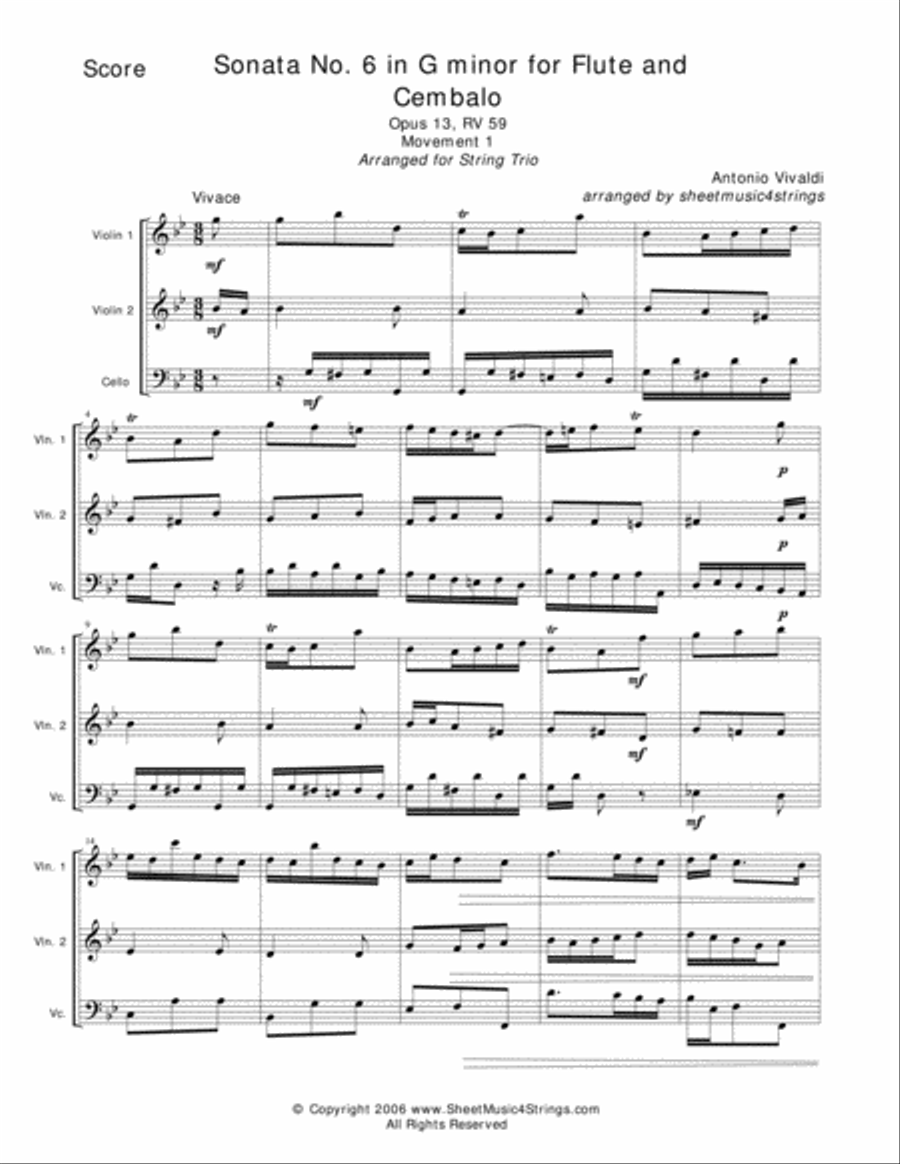 Vivaldi, A. - Sonata No. 6 Mvt. 1 for Two Violins and Cello String Trio scores gallery preview page 1