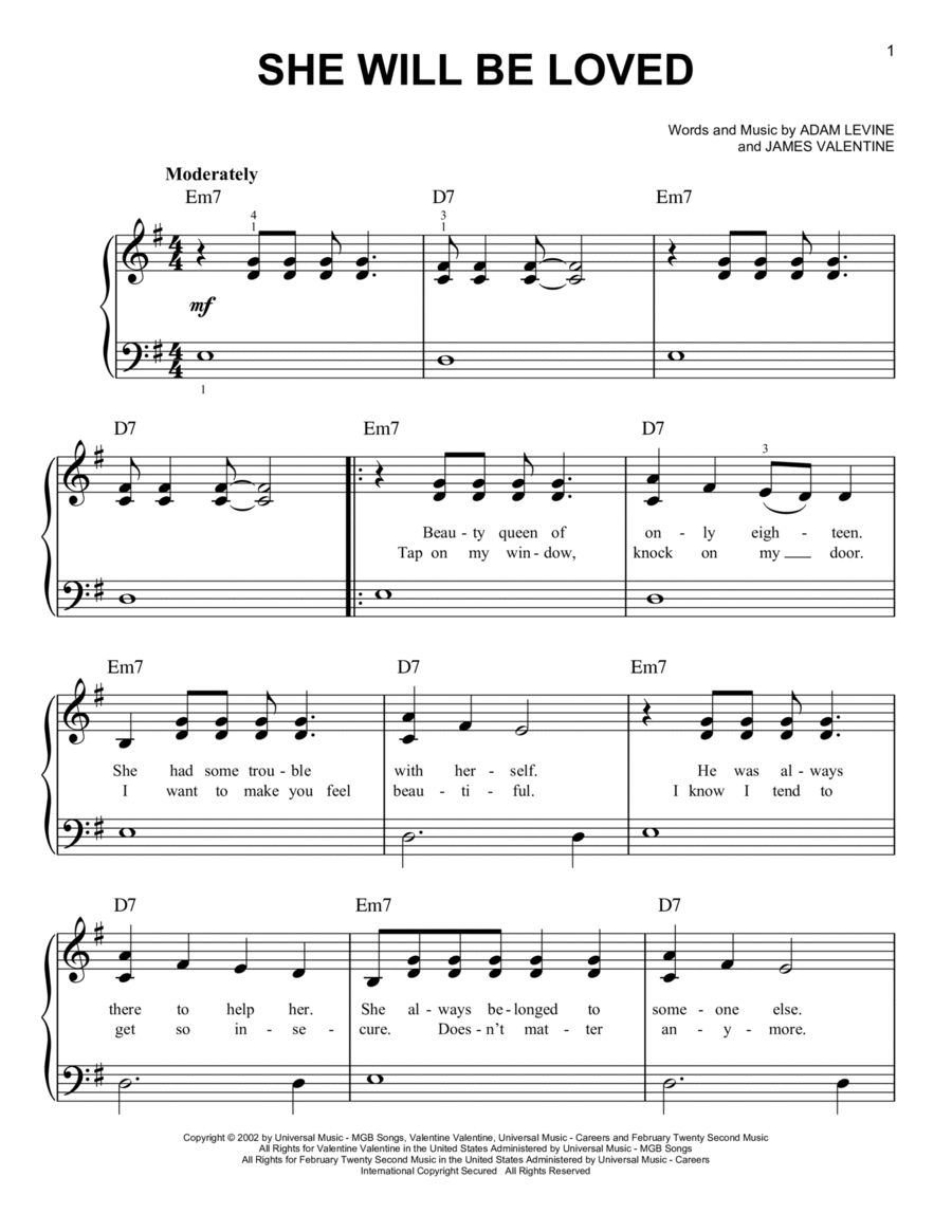 She Will Be Loved Easy Piano scores gallery preview page 1