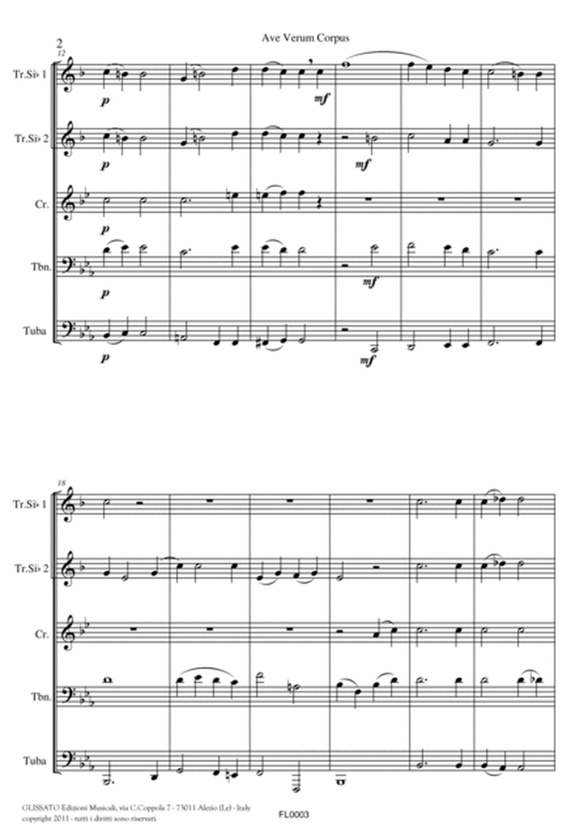 Ave Verum by Mozart for brass quintet/ensemble - score & parts (9) image number null
