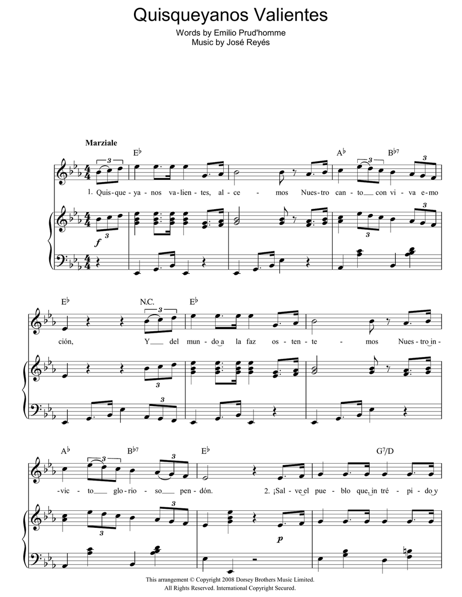 Quisqueyanos Valientes (Dominican Republic National Anthem) Piano, Vocal, Guitar scores gallery preview page 1