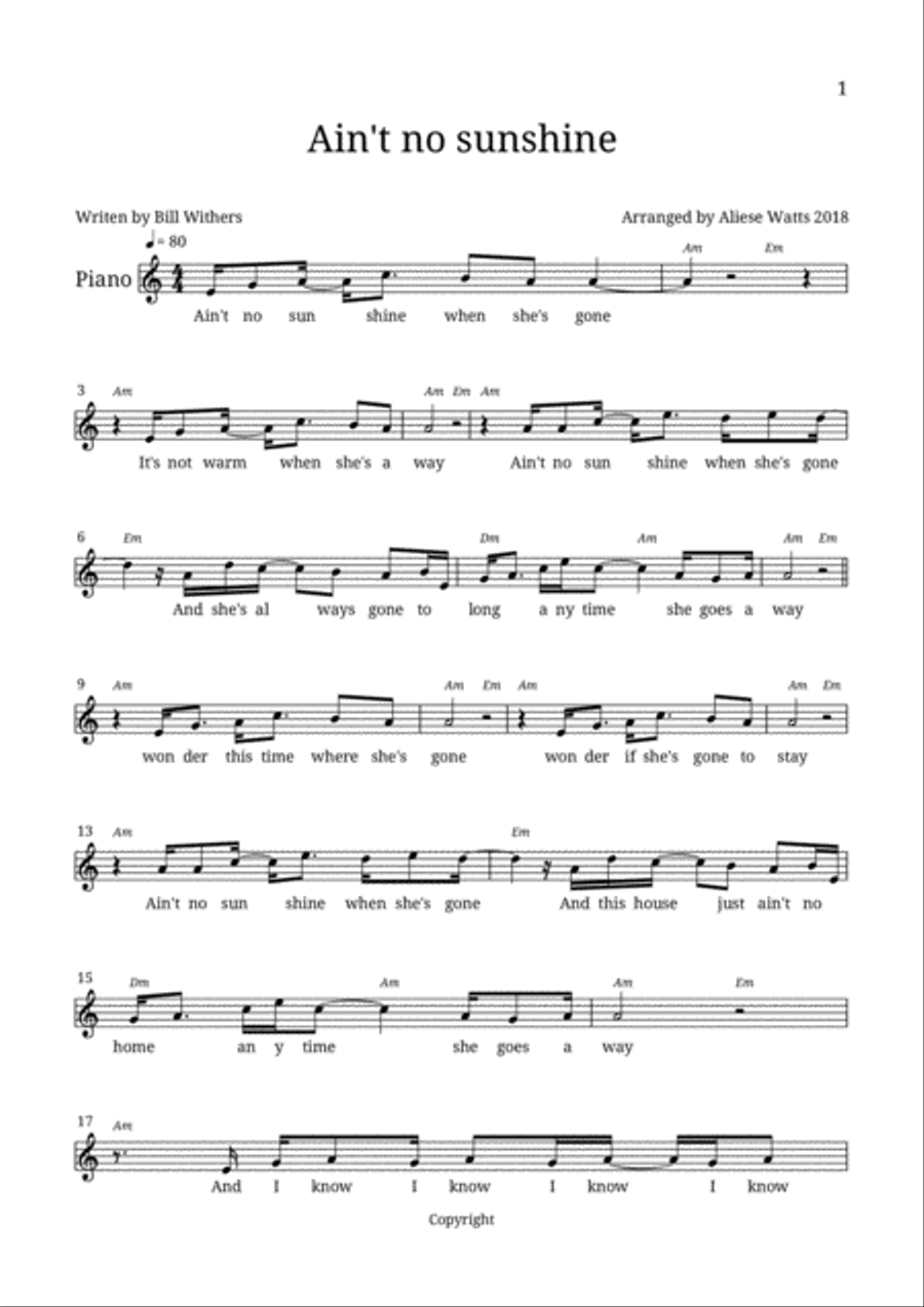 Ain't No Sunshine Ain't No Sunshine Voice scores gallery preview page 1