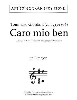 Book cover for GIORDANI: Caro mio ben (transposed to E major)